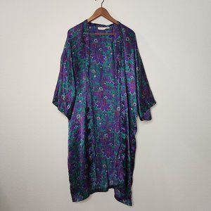 VTG Victoria's Secret OS Satin Purple Blue Floral Kimono Robe 3/4 Sleeve